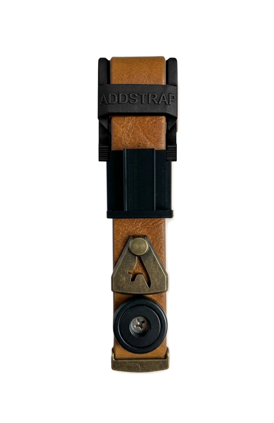 Brown leather strap with black buckle and Addstrap logo on a white background